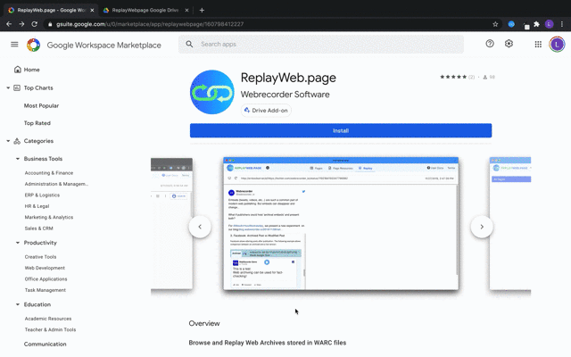 screenshot of replayweb.page google drive add-on